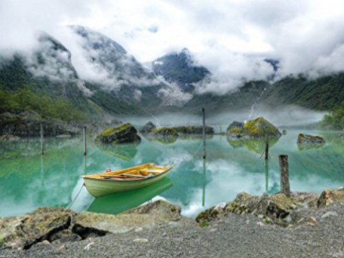 1art1 Seen Bergsee Idylle Mit Boot In Norwegen, 2-Teilig Fototapete Poster-Tapete 240x180 cm
