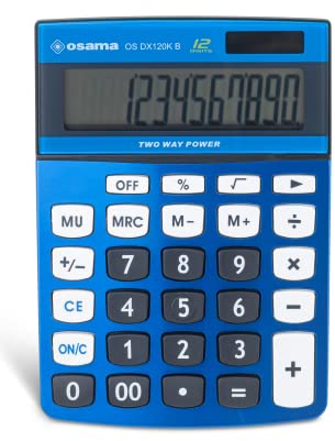 Osama – Büro-Taschenrechner Groß, mit 12 Ziffern, 3 Speichertasten und doppelter Stromversorgung – Professioneller Rechner mit Mark up für Arbeit und Universität, 3,6 x 11,5 x 15,5 cm, Blau