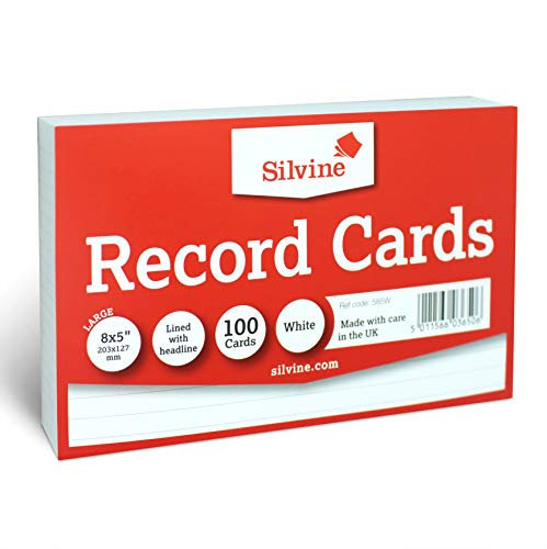 Silvine 8x5 White Record Cards - Lined with Headline, 100 Cards per Pack. Ref 585W (203 x 127mm)