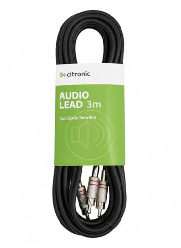 Citronic Classic Audio Lead 2 x RCA Plugs to 2 x RCA Plugs Shielded Audio Cable with Gold-Plated Connectors for Hi-Fi & Home Theatre Systems 3 Metre Black