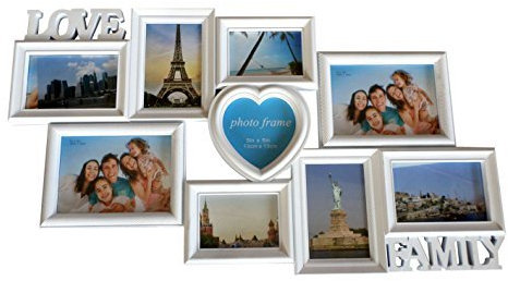 Cornice portafoto, shabby chic, LOVE FAMILY HOME in pvc bianco, 9 posti per foto, cm 73,5x31,5