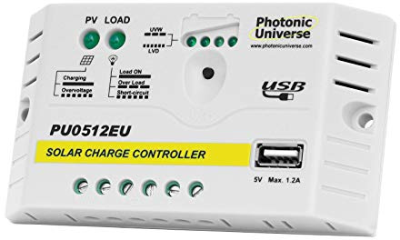 5A 12V solar charge controller/regulator with USB output for vehicles, boats and off-grid solar systems with solar panels up to 60W