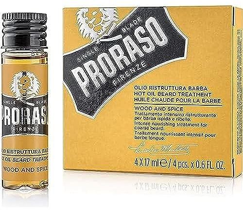 Proraso Hot Oil Beard Treatment, Wood and Spice, 4 x 17 ml, Bartöl für trockene und grobe Bärte, Bartpflege für Männer, Made in Italy