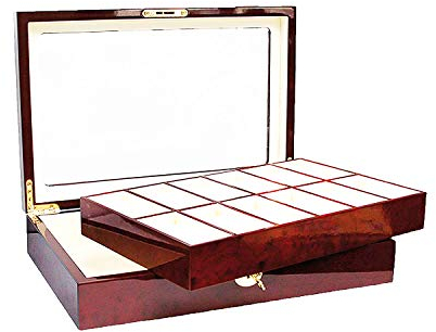 SAFE 260 Lackholz Uhrenaufbewahrungsbox Herren Damen aus Holz für 12 Uhren - mahagonifarbend - einzeln abnehmbare Fächer - Verschließbar - mit Klarsicht Deckel - Format 360 x 238 x 76 mm