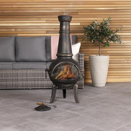 CHARLES BENTLEY Outdoor, Garden, Patio, Extra-Large Open Bowl Mesh Cast Iron and Steel Chiminea, Patio Heater, Easy To Assemble, Grill And Poker Included, BBQ Grill Included, Tripod, Black (120x43cm)