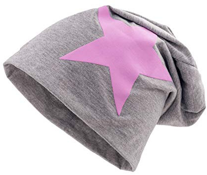 shenky leichte Mützen mit Sternchen Jersey Beanie Stern Lange Stars (Grau mit pinkem Stern)