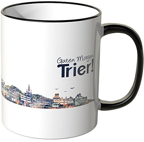 WANDKINGS® Tasse, Schriftzug Guten Morgen Trier! mit Skyline bei Nacht - SCHWARZ