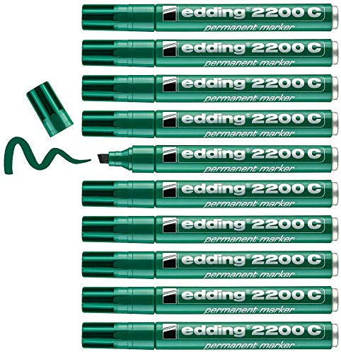 Edding 2200 C Permanent Marker - Green - Box of 10 - Chisel Tip 1-5 mm - Quick-Drying Permanent Marker Pen - Waterproof, Smudge-Proof - for Cardboard, Plastic, Wood, Metal, Fabric 4-2200C004