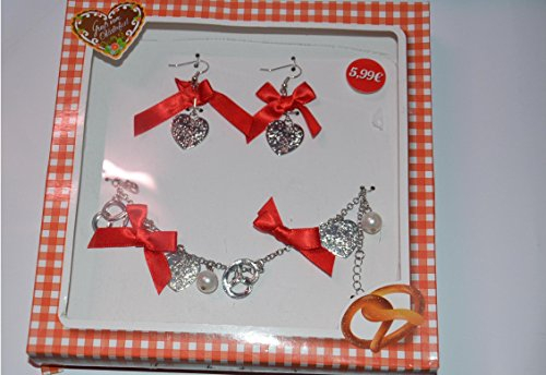 Trachtenschmuck Set 3tlg. Armband und Ohrringe Modell: Brezel Farbe: Rot / Silber mit Brezel, Herz, Schleifen und Perlen. Damit wird das Outfit komplett! Schmuck