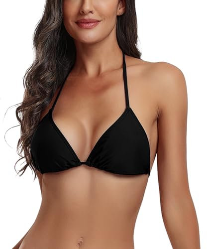 FITTOO Triangel Bikini Oberteil Große Brüste Damen Push up Sport Bikini Neckholder Rückenfrei Bikinioberteil mit Polster Schwarz, S