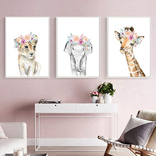Nordic Ideas 3 pósteres Bebe Elephant Lion Jirafa Guirnalda 50 x 70 cm Carteles Animales Jungle Cuadro Colorido Niños Niña Niño Decoraciones de pared Impresión sobre lienzo sin marco PTAN004-XL