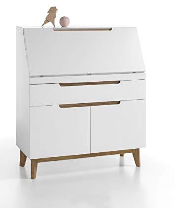 Newfurn Sekretär Schreibtisch Schreibkommode Modern II 97x113x 40 cm (BxHxT) II [Isaac.Four] in Weiß/Eiche Wohnzimmer Büro Arbeitszimmer Schlafzimmer