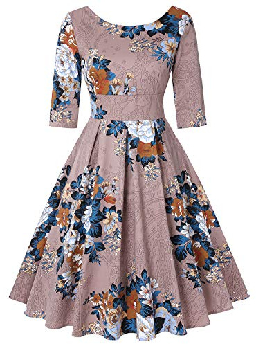 MINTLIMIT Women Women's Round Neck 3/4 Sleeve Autumn Casual Wedding Midi Dress (Floral Khaki,Size S)