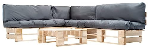 vidaXL Holz Garten Palettensofa 4-TLG. Grau Palettenkissen Sofagarnitur Ecksofa Gartensofa Lounge Gartenset Gartenmöbel Palettenmöbel In/Outdoor