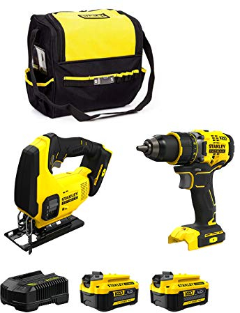 STANLEY FatMax Kit SVK20224B (Perceuse-Visseuse SFMCD720 + Scie Sauteuse SFMCS600 + 2 Batteries de 4,0 Ah + Chargeur + Sac M)