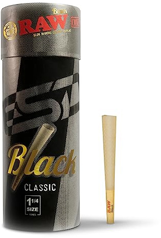 RAW Schwarz Cones King Size | 50 Stück | Natürliches vorgerolltes Blättchen extra fein gepresst für dünnes, langsam brennendes, natürlich durchscheinendes Blättchen mit Spitzen