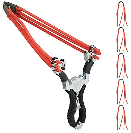 Relaxdays Profi Steinschleuder, Slingshot mit 6 Schleudergummis, Jagdschleuder ab 18, Katapultschleuder aus Metall, rot