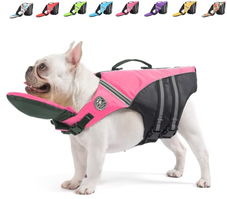 Mklhgty Schwimmweste mit französischer Bulldogge und reflektierenden Streifen, Ripstop-Schwimmweste für Hunde, Mops Schwimmen und Bootfahren (Brustumfang: 43.2 cm - 76.2 cm, Gewicht: 7.7 - 12.7 kg)