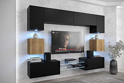 Furnitech Wohnwand Wohnzimmer - Wohnzimmer Möbel mit LED Weiß - Hängend Wohnwand Modern Schrankwand mit Regale und TV Schrank (Nowara ANX1-17BDZ-M25-1A)