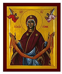 Cincture of the Theotokos Ikone, Jungfrau Maria Ikone Heiliger Gürtel, handgefertigte griechische orthodoxe Ikone Heilige Girdle, byzantinische Kunst Wandbehang Holzschild