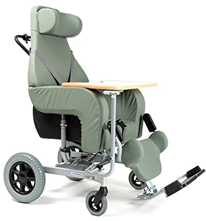 FabaCare Pflegerollstuhl Coraille mit Tisch und Liegefunktion für Außenbereich, Multifunktionsrollstuhl neigbar, Grün, Sitzbreite 44 cm