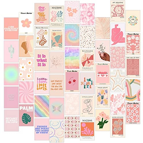 Wanddeko Aesthetic Wand Bilders Poster Set, Bilderwand Set, 50 Stück Fotowand for Zimmer Deko Rosa, Danish Pastel Deko Schlafzimmer Bilder, Coole Sachen für Teenager Mädchen, Aesthetic Cute Room Decor