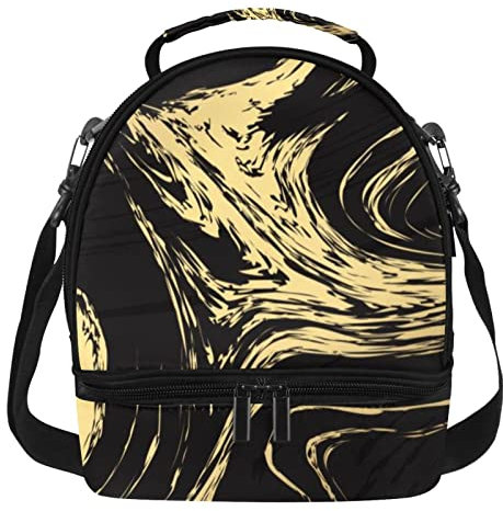 Lonchera reutilizable con aislamiento de doble cubierta, bolsa de asas con textura negra y dorada, paquete de comidas para oficina, trabajo, escuela, picnic