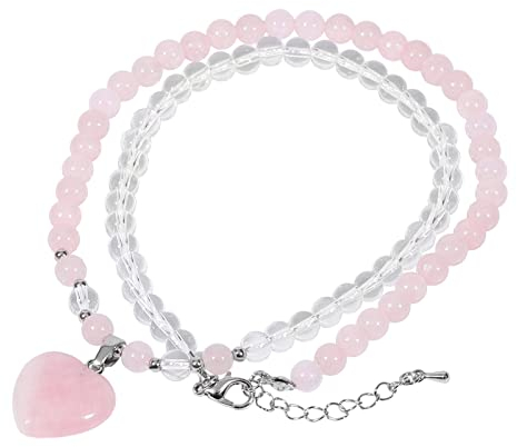 KYEYGWO Rosenquarz Kristall Perlen Armband für Damen, Herz Stein Anhänger Herzform Edelstein Halsketten Chakra Armbänder Liebe Perlenketten Heilstein Wickelarmband Zweifarbig Segen Schmuck