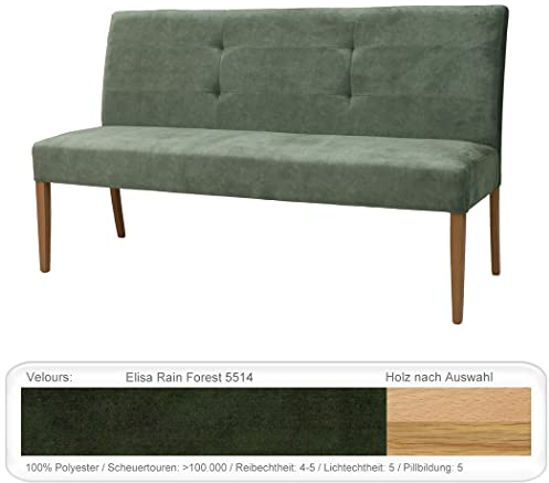 expendio Elegante Polsterbank Agnes 1 mit Lehne Sitzbank 162cm Massivholz Esszimmerbank Wohnzimmerbank Verschiedene Varianten, Holzart:Eiche Natur lackiert, Bezugstoff:Elisa Rain Forest