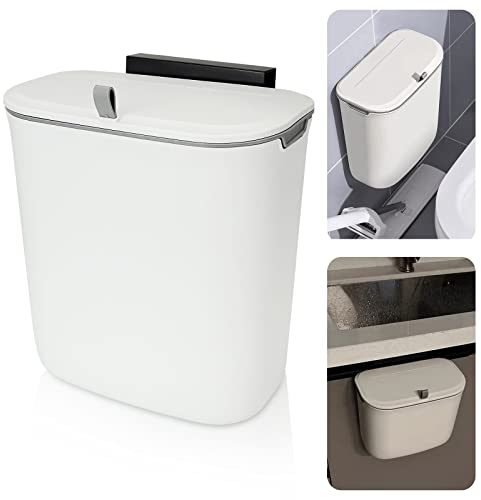 Hanging Trash Can with Sliding Cover, 9L Built-in Bin Waste Bin with Lid, Plastic Cupboard Bins for Cupboard, Kitchen, Motorhome,Bathroom, Toilet, Bedroom, Living Room, Office (White)