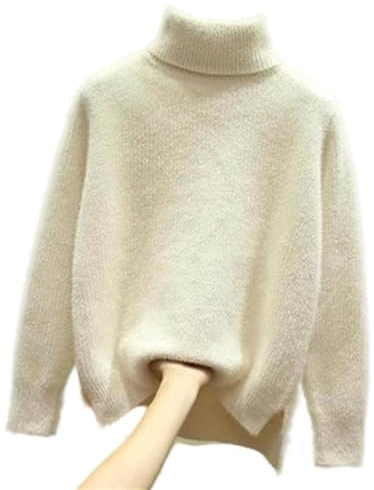 Damen Rollkragenpullover,Mohair Solid Pullover Pullover, Super Weiche Warme Plüschpullover, Lockere Elegante Dicke Lange Ärmel Tops, Weiß, L