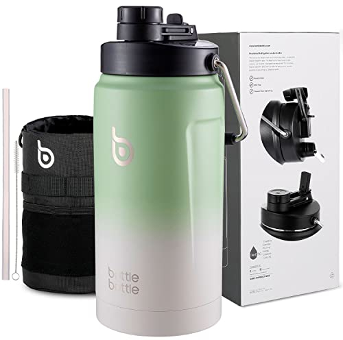 BOTTLE BOTTLE 2 Litre Water Bottle with Straw and Dual-use Lid Large Insulated Water Bottles with Handle Big Stainless Steel Metal Flask for Hot Drink(Green Gray)