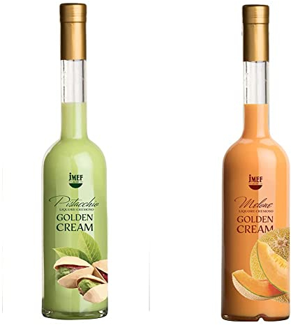Golden Cream Pistacchio – Liqueur crémeuse de pistache et de crème. Délicieuse sur des glaces ou des desserts. & Golden Cream Melone – Liqueur crémeuse de melon et de crème