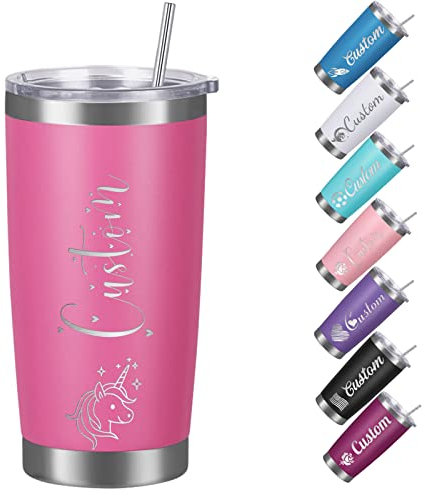 Westpearl Personalized Water Bottles with Straw 20oz Custom Stainless Steel Sports Water Bottle with Engraved Name Text Customized Insulated Double Wall Water Bottles for School Sports(Rose)