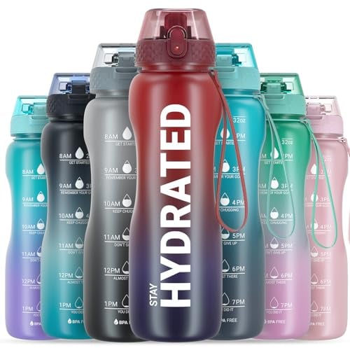 Gohippos Water Bottle, 1000ML Sports Water Bottle with Straw and Time Markings, Motivational Drinks Bottle to Stay Hydrated, Tritan, BPA Free, Leakproof, for Gym Fitness School Office(1 Bottle)