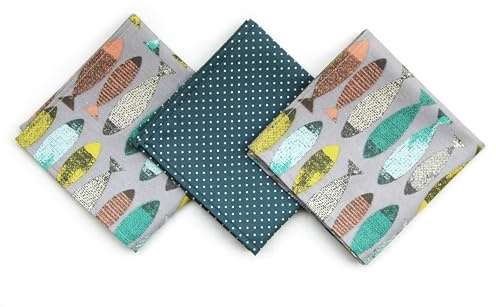 3er Set Stofftaschentuch Grau Grün für Herren aus Biobaumwolle mit Fische Motiv 29 x 29 cm
