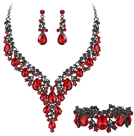 Clearine Damen Hochzeit Braut österreichischen Kristall Teardrop Blume Cluster Statement Halskette Ohrringe und Armband Schmuck-Set für Prom Rubin-Rot Schwarz-Ton