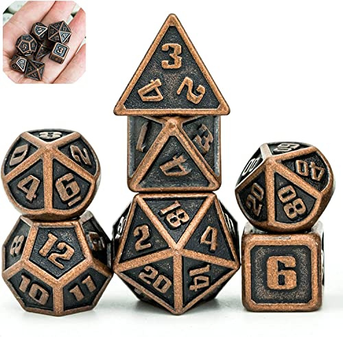 Cusdie Mini-Metallwürfel, 10 mm, 7-teilig, metallisches DND-Würfel-Set, polyedrisches Mini-Würfel-Set, für Rollenspiele, D&D-Würfel (rotes Kupfer)