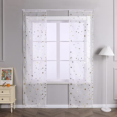 Joyswahl Schiebegardinen Voile Transparente Glänzende Kreise-Dekomuster Schiebevorhang Gardinen mit Klettband Vorhang BxH 57x145cm Gold 2 Stück