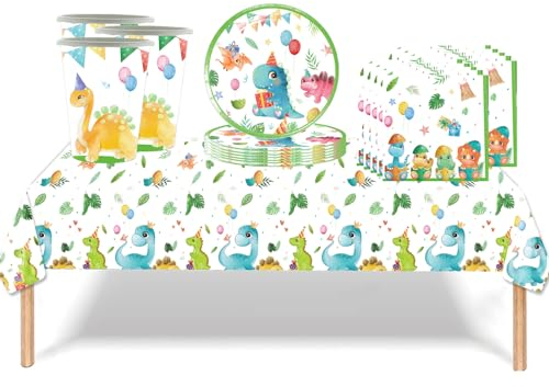 41Pcs Dinosaur Theme Party Tableware Decorations for Kids Birthday - Green Animal Jungle Table Cloth, 7inch Paper Plates, Napkins for Safari Favor
