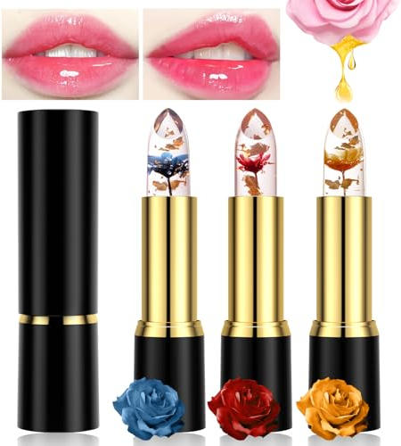 Likesing 3 Stück Lippenstift Set Blumen Temperaturempfindlicher Faebverändernder Pink Magic Lip Farbwechselnder Lippenstift Crystal Jelly Flower Color Changing Lipstick Lip Balm Mädchen Geschenk