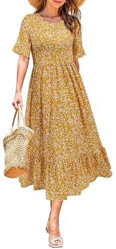 STYLEWORD Women Summer Dress Floral Short Sleeve Ladies Casual Swing Midi Dress with Pockets(Yellow Floral,Large)