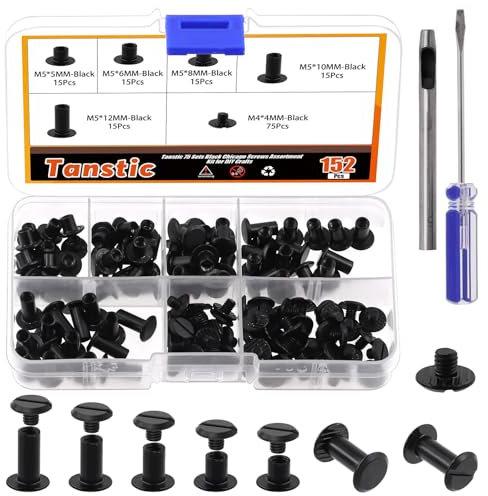 Tanstic Lot de 152 vis Chicago assorties, M5 x 5/6/8/10/12 mm, rivets en cuir à tête plate ronde et fendue pour loisirs créatifs en cuir (noir)