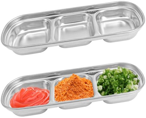 DOERDO 2Pcs Stainless Steel Dipping Sauce Dishes, 3 Compartment Appetizer Serving Trays Snack Dishes for Soy Sauce, Ketchup, Seasoning, Silver, 8.1x3.3 Inch