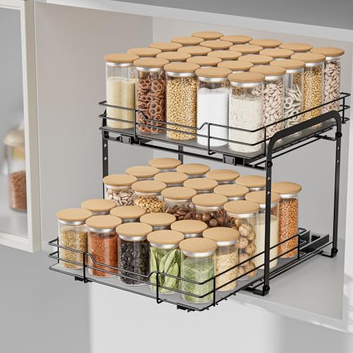 AIRUJIA Gewürzregal Ausziehbar, 2 Etagen Spülschrank Organizer, Gewürzregal Schrank, Spice Rack, Anhebbares Waschbecken Regal, Gewürz Organizerfür Für Küche, L27.2*B29.3*H24CM