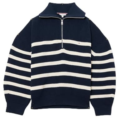 Tommy Hilfiger Damen Pullover mit Reißverschluss Cardi Stitch 1/2 Zip Troyer Kragen, Mehrfarbig (Desert Sky/Ivory Petal Stripe), 46