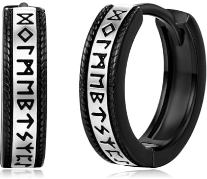 Nordische Wikinger Huggie Creolen Ohrringe 925 Sterling Silber Hypoallergene Wikinger Rune Schwarze Ohrringe Amulett Schutz Schmuck Geschenke für Männer Frauen