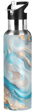 Wzzzsun Cristal Mineral Mármol Azul Botella de Agua Deportes con Pajita, Botellas Termica Acero Inoxidable 600ML Sin BPA para Niños Deportiva Gimnasio Ciclismo Escuela