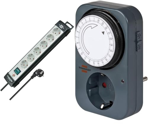Brennenstuhl Premium-Line Steckdosenleiste 6-Fach & Zeitschaltuhr MZ 20, mechanische Timer-Steckdose (Tages-Zeitschaltuhr mit erhöhtem Berührungsschutz) grau