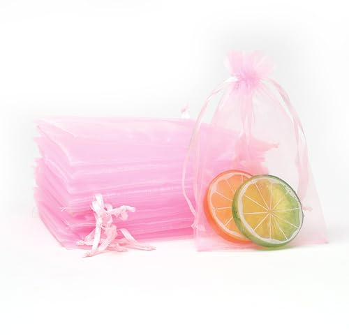 POPOYU 100 Pezzi Sacchetti Organza,7 * 9cm Rosa Sacchetti Organza Regalo,Borse Organza con Coulisse,Sacchetti Confetti per Bomboniere,Matrimonio,Caramella,Gioielli